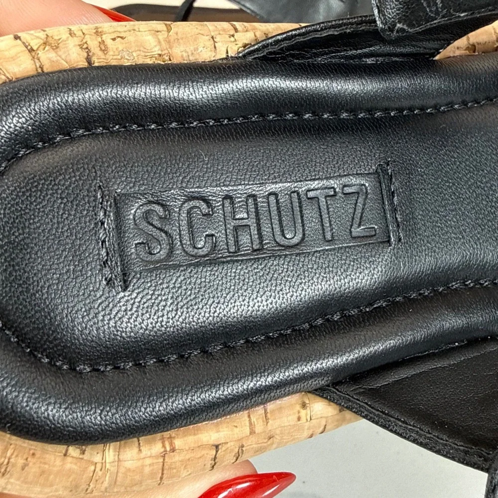 Schutz Tessie Black Leather Cork Platform Thong Sandals Womens 7B Ankle Strap